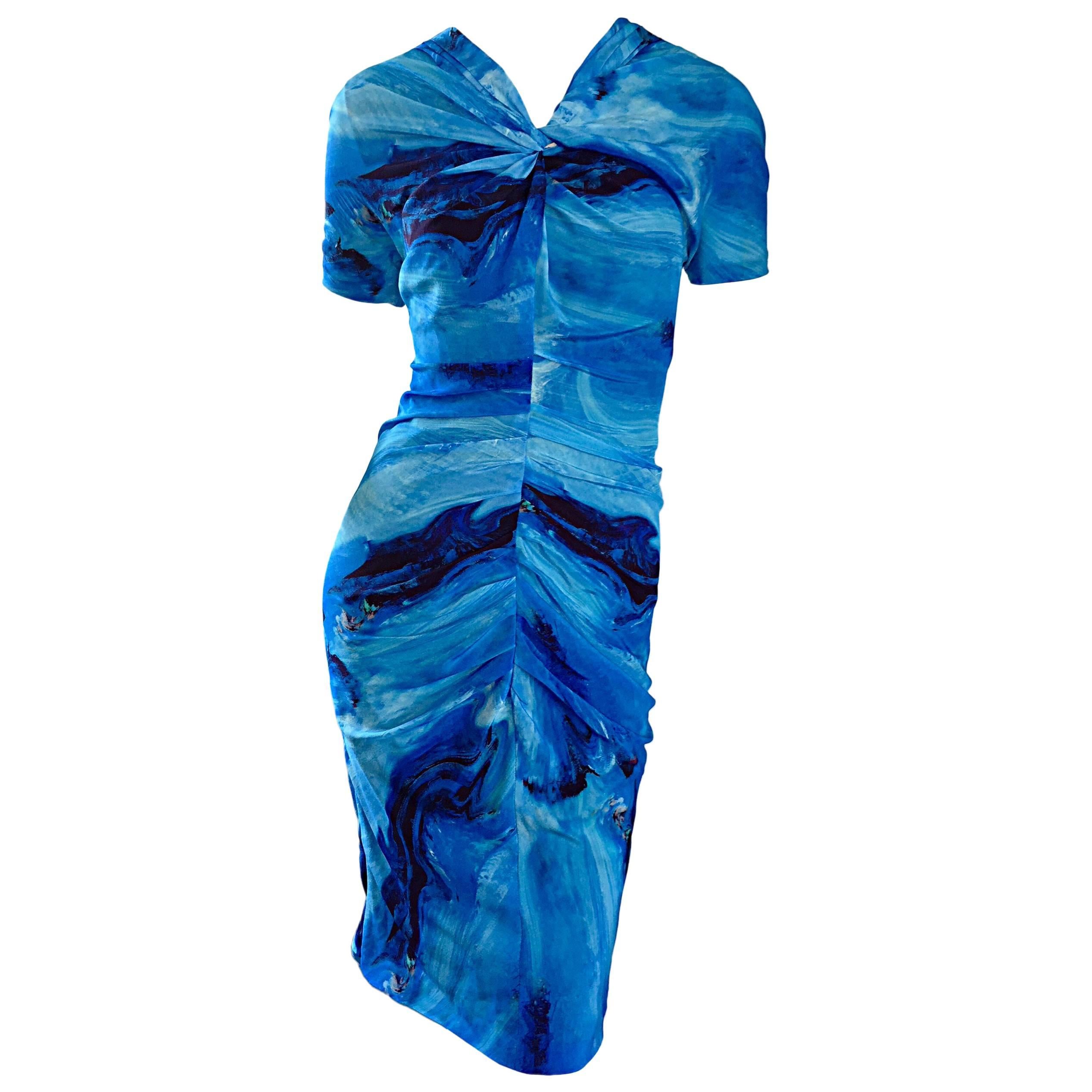 Vera Wang Collection 1990s Rare ' Ocean Wave ' Print 100% Silk 90s Ruched Dress