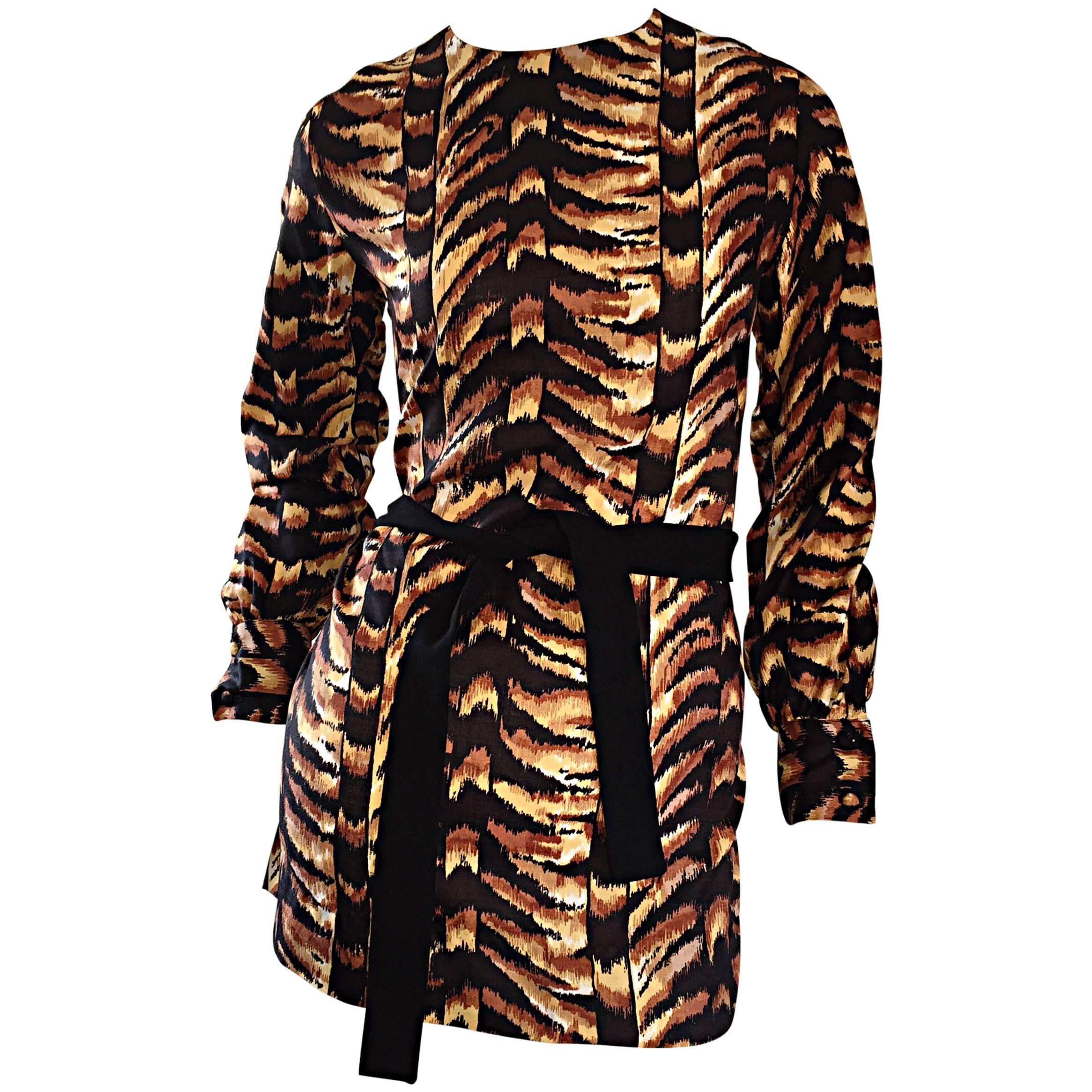 1960s I. Magnin Tiger Print Brown / Black Vintage 60s Animal Print Belted Tunic  For Sale