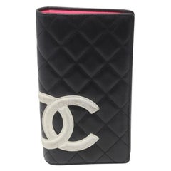 Vintage Chanel Black White Pink Cambon L Quilted Lambskin Leather Ligne Yen Wallet