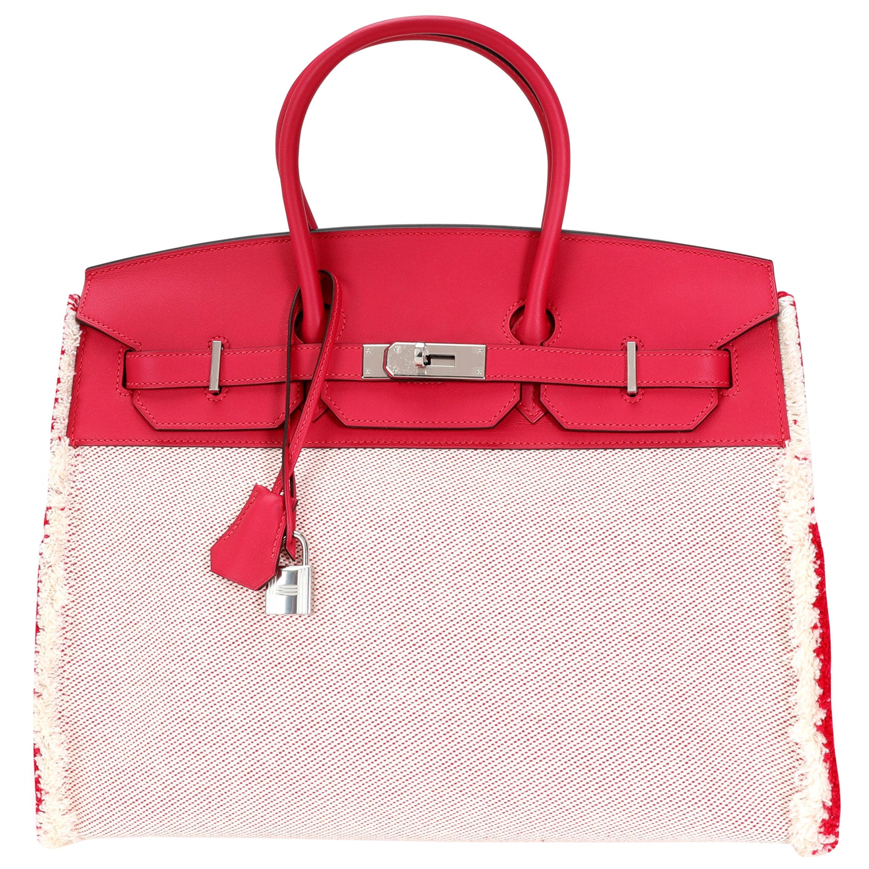 NIB Hermès Framboise Swift & Ecru Toile Fray Fray Birkin 35 PHW en vente