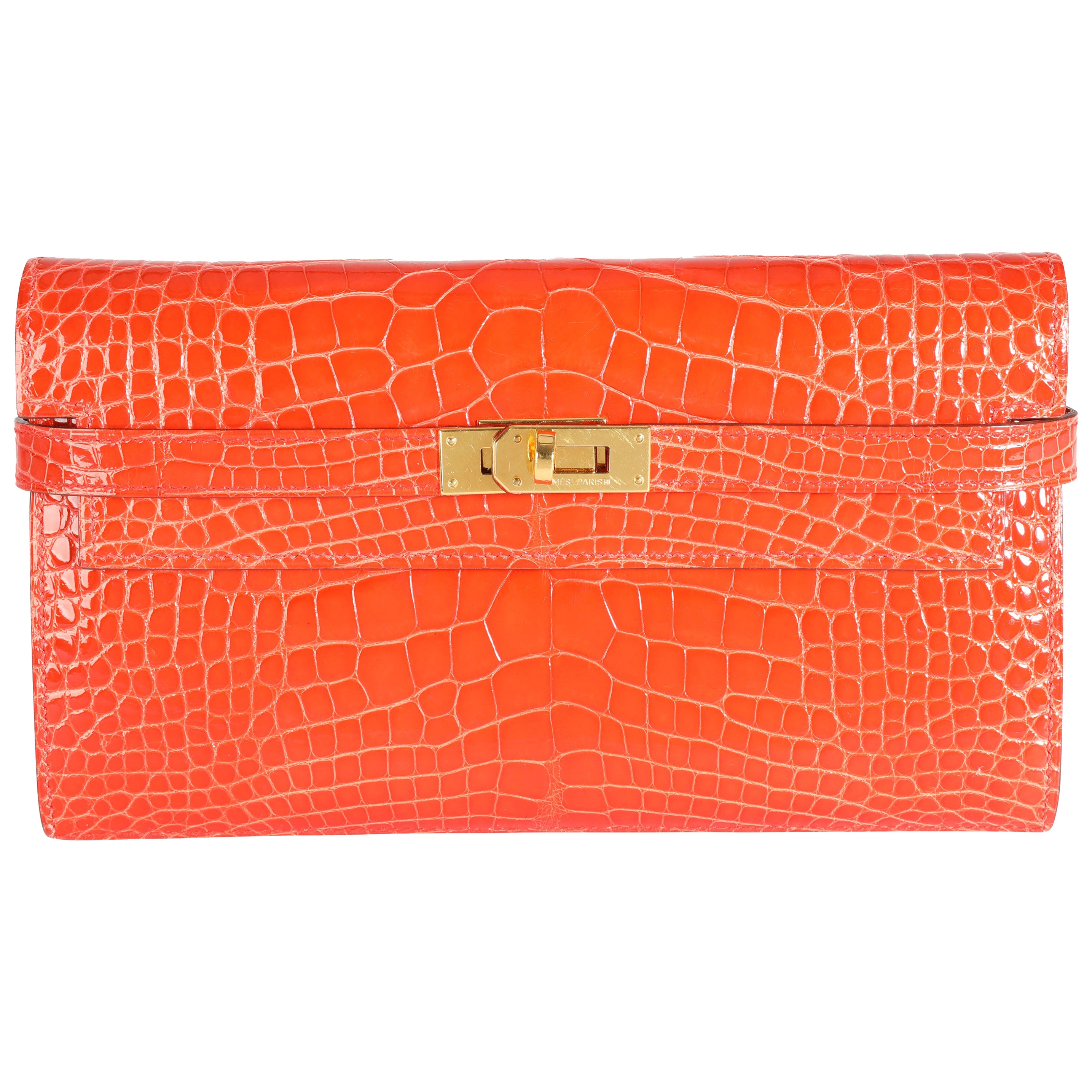 Hermès Tangerine Shiny Alligator Classic Kelly Wallet GHW