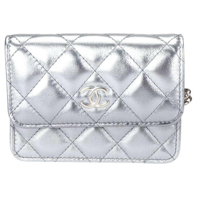 Chanel Metallic Silver Quilted Leather CC Phone Holder Clutch Chanel