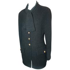 Chanel Vintage Black Wool Long Jacket with Neck Tie - 40 - circa 1980's