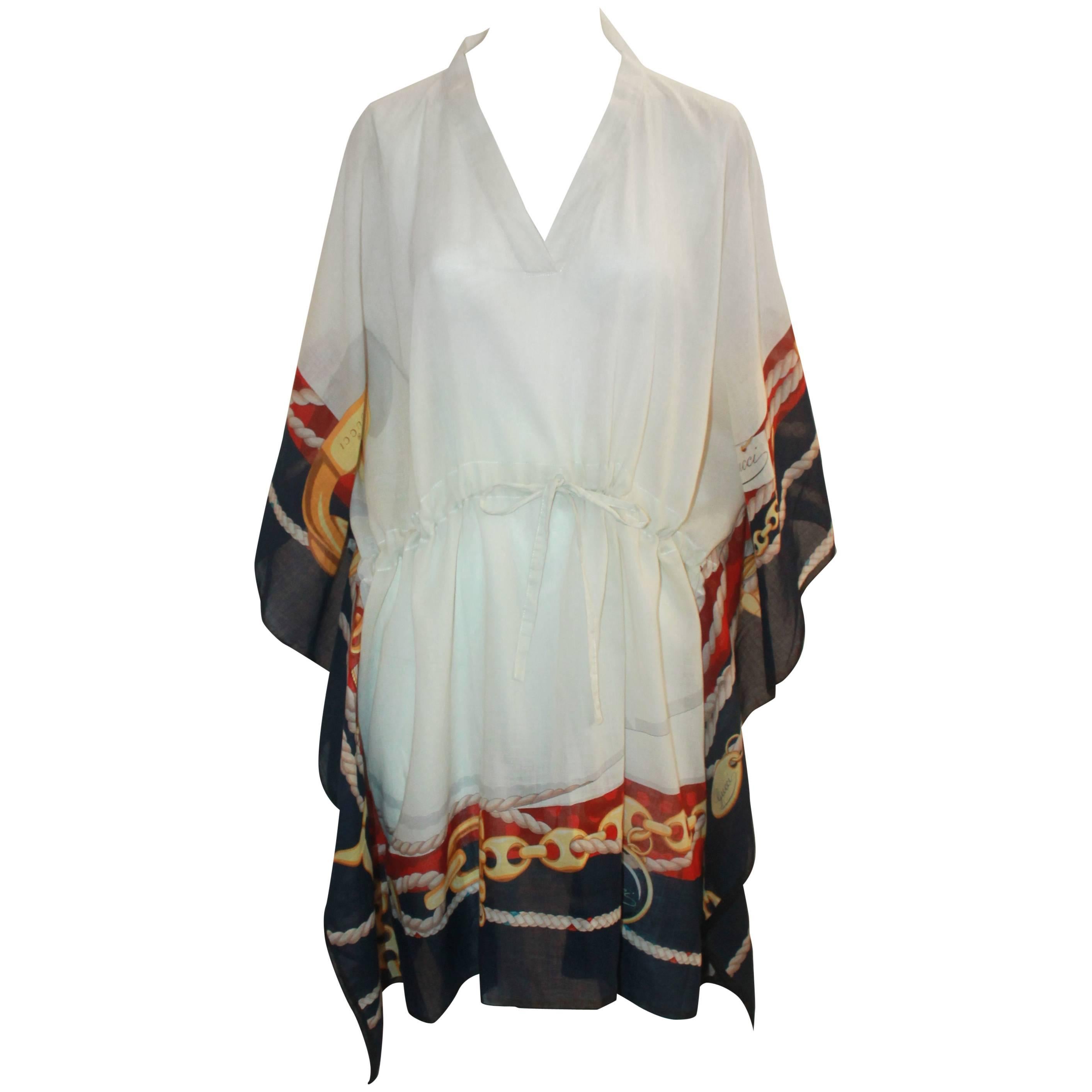 Gucci Ivory Cotton Caftan with Red & Navy Trim and Chain Detail - M
