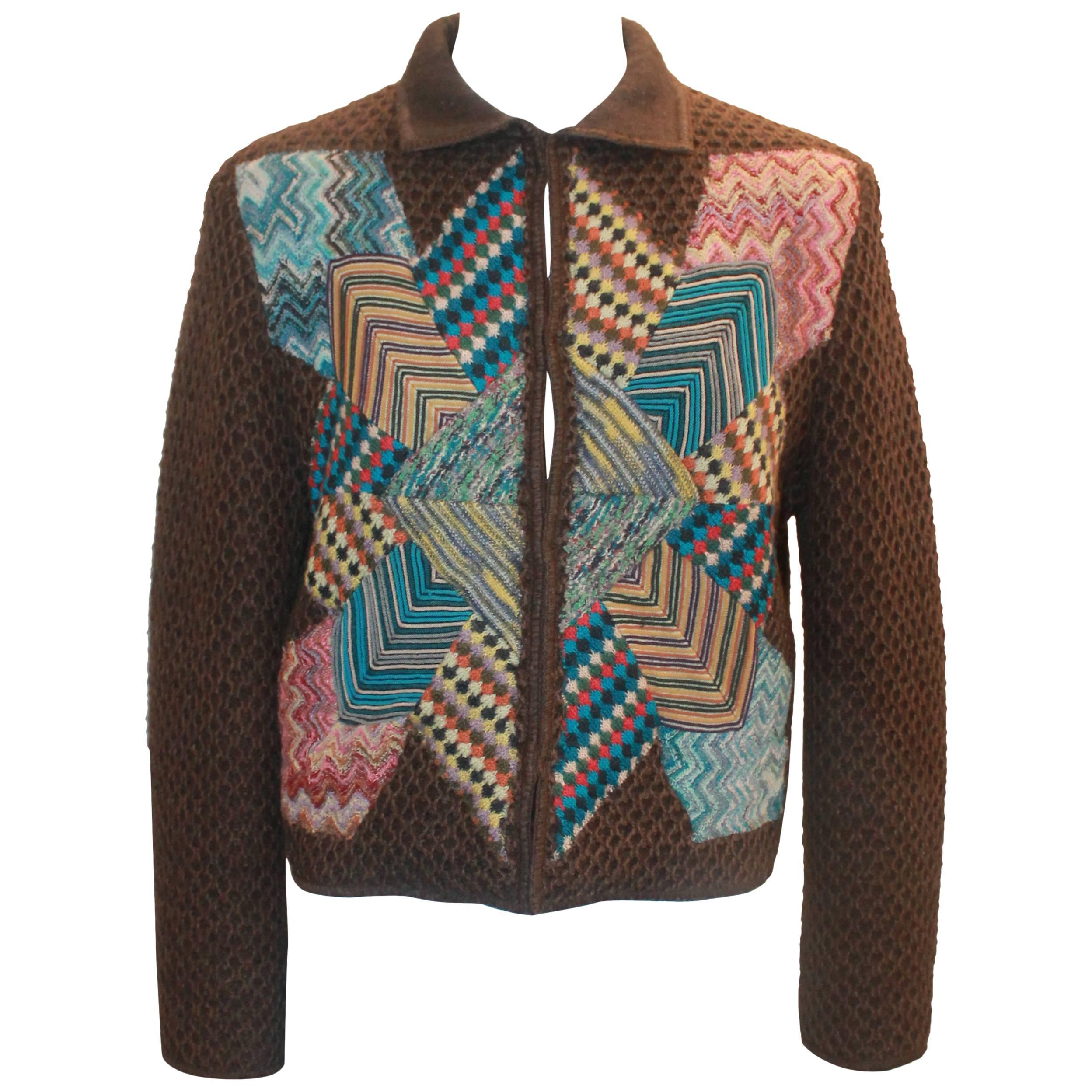 Missoni Collectible Brown Wool Jacket Multi Geometric Patchwork Design - 40 