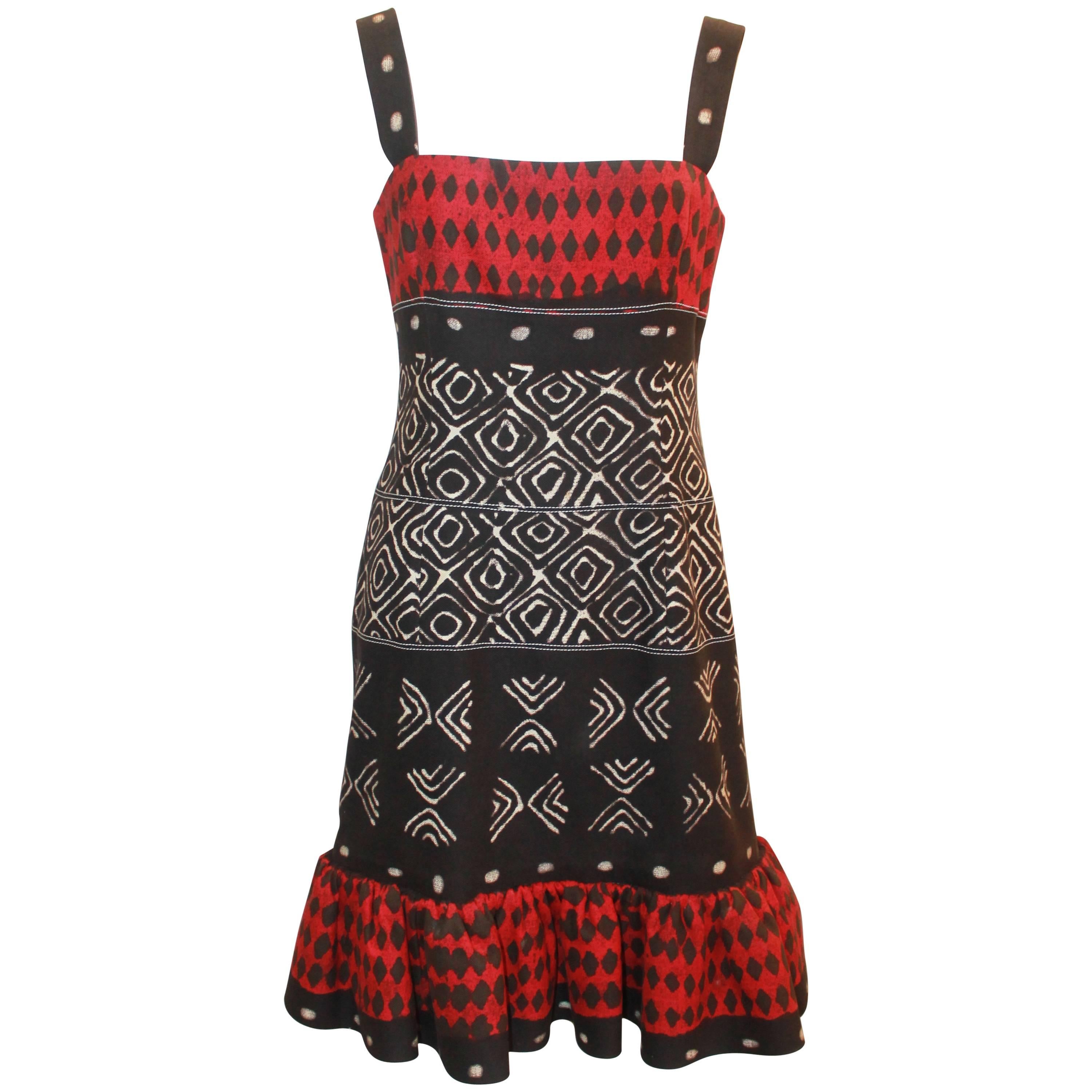Oscar de la Renta Red, Black, & Ivory Cotton Sleeveless Tribal Print Dress - 8 For Sale