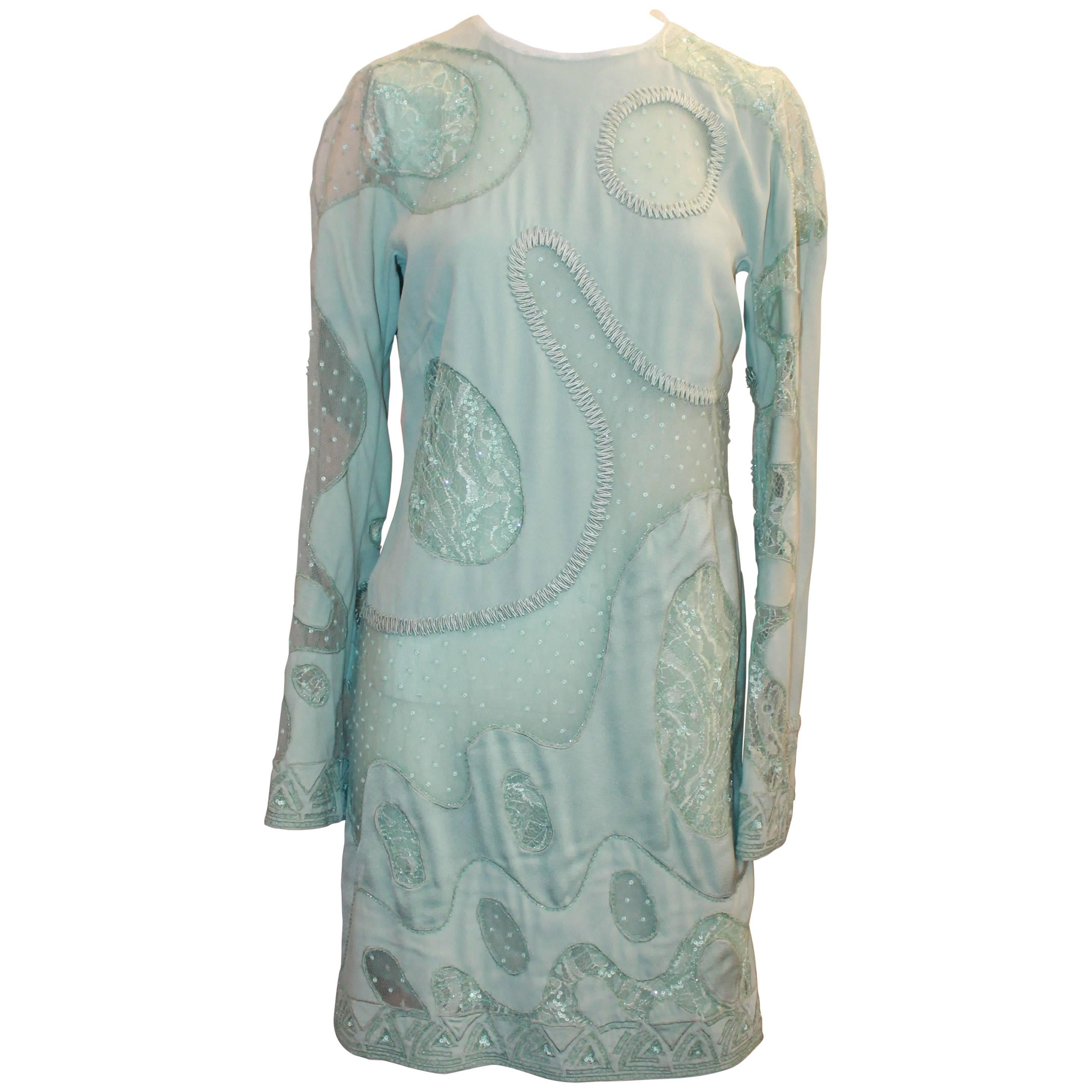 Emilio Pucci Aqua Silk Chiffon Long Sleeve Dress with Sheer Cutouts - 10 For Sale