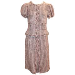 Chanel Rose, Tan, & Ivory Short Sleeved Tweed & Silk Blend Skirt Suit -38/40-06C