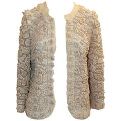 Oscar de la Renta Ivory Cotton Blend Mesh Jacket w/ Heavy Patched Embroidery - 6