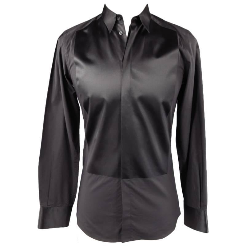 DOLCE & GABBANA Men's Size S Black Cotton / Silk Long Sleeve Tuxedo Shirt