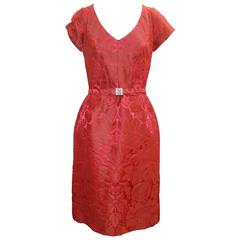 Oscar de la Renta Red Brocade Short Sleeve Dress with Rhinestone Belt - 8 9