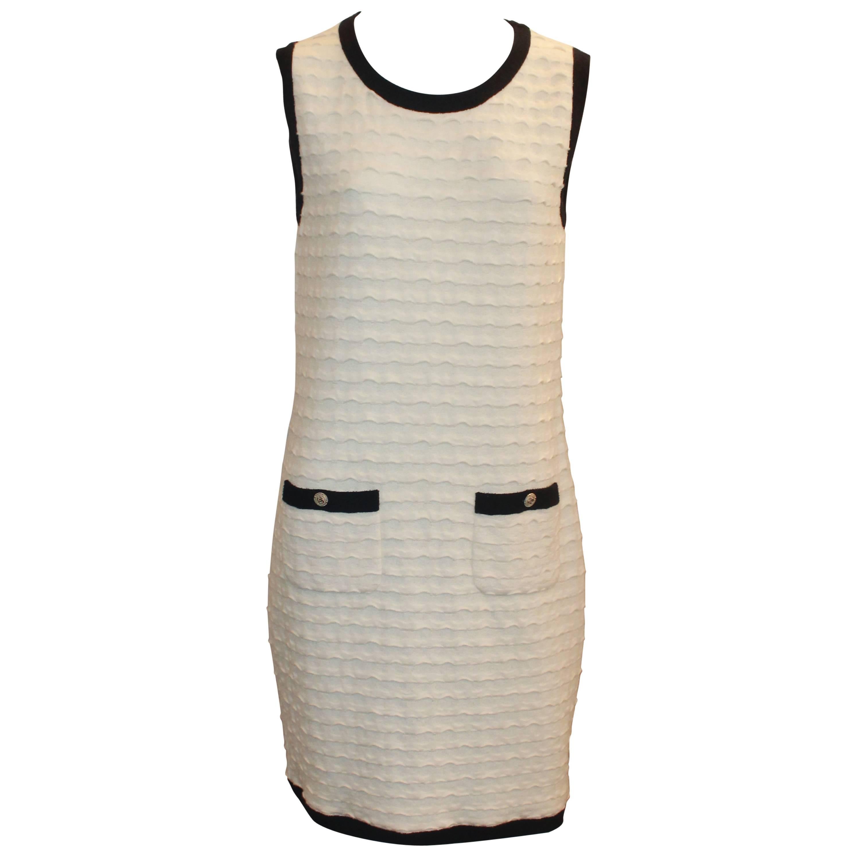Chanel Ivory Knit Shift Dress with Navy Trim and Pockets - Size 38 