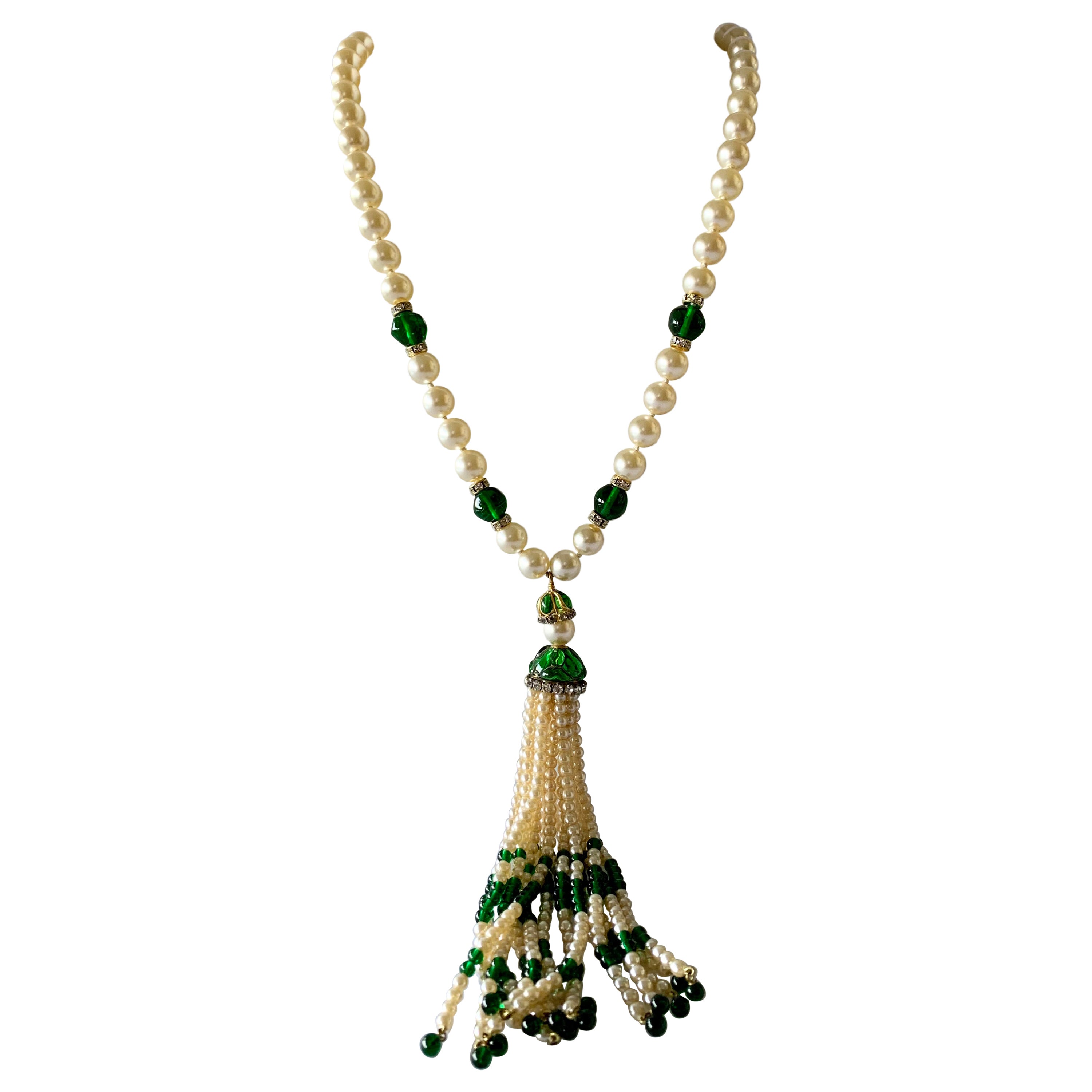 Chanel Vintage Diamante and Pearl Jeweled Poured Glass Tassel Sautoir Necklace 