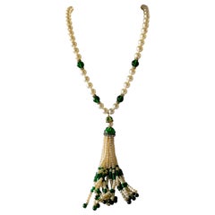 Chanel Vintage Diamante and Pearl Jeweled Poured Glass Tassel Sautoir Necklace 