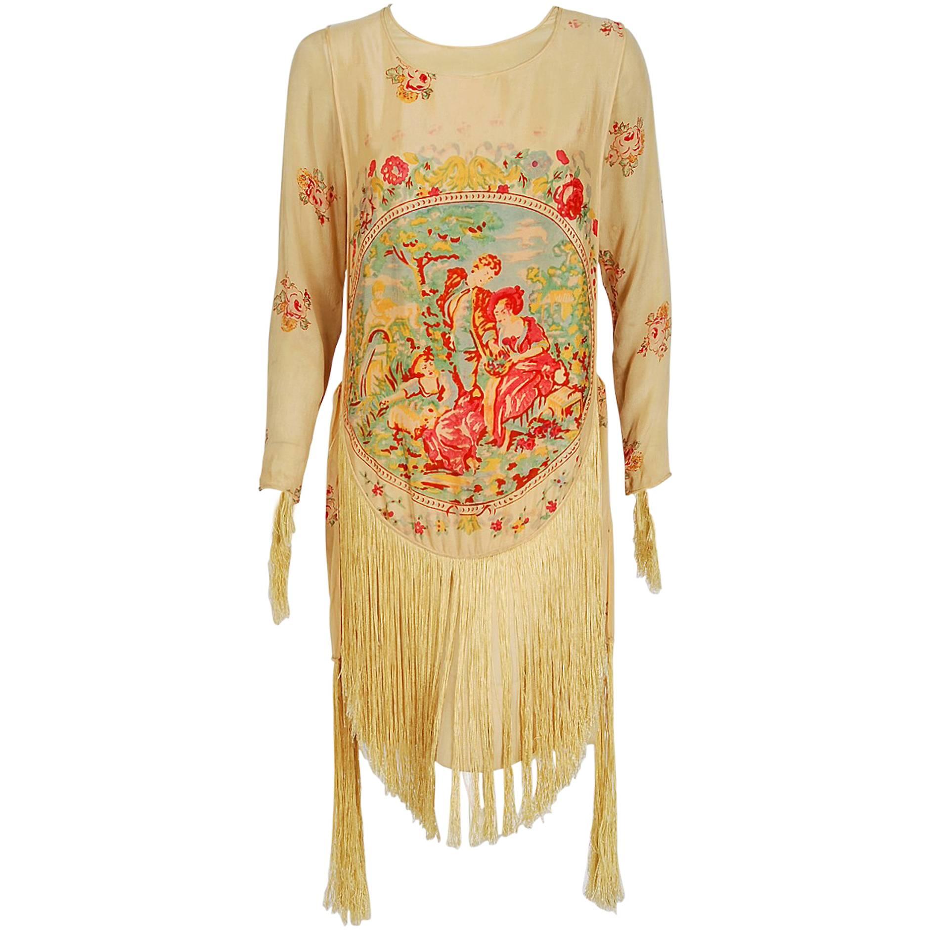 1920's Sherr Brothers Couture Novelty Scenic Print Silk Fringe Flapper Dress 
