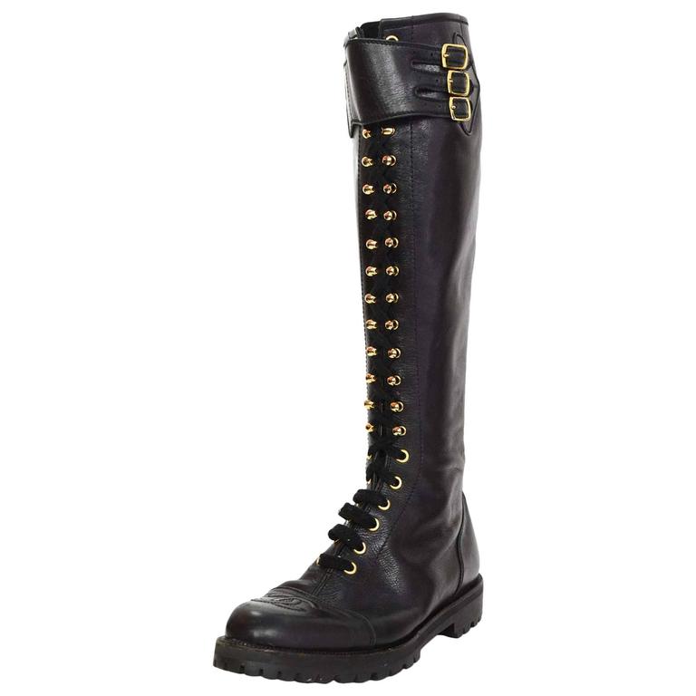 Chanel Rate Vintage Black Leather Lace-Up Tall Combat Boots sz 8.5 For Sale  at 1stDibs | vintage chanel combat boots