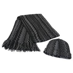 Missoni Wool and Acrylic Striped Fringe Shawl and Beanie Hat Set Scarf