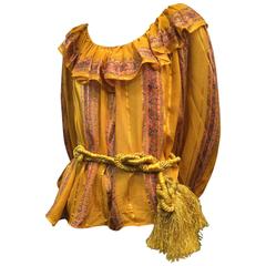 1970s Peasant Blouse in Luxurious Mustard Floral and Lamé Stripe w Belt