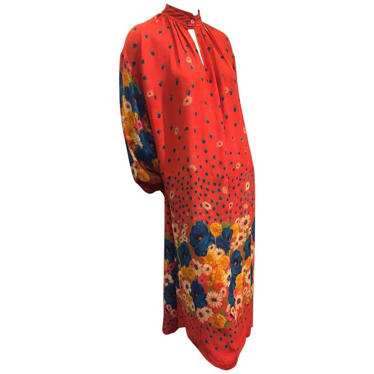 1970s Rayon Floral Border Print Peasant Dress with Keyhole Neckline For