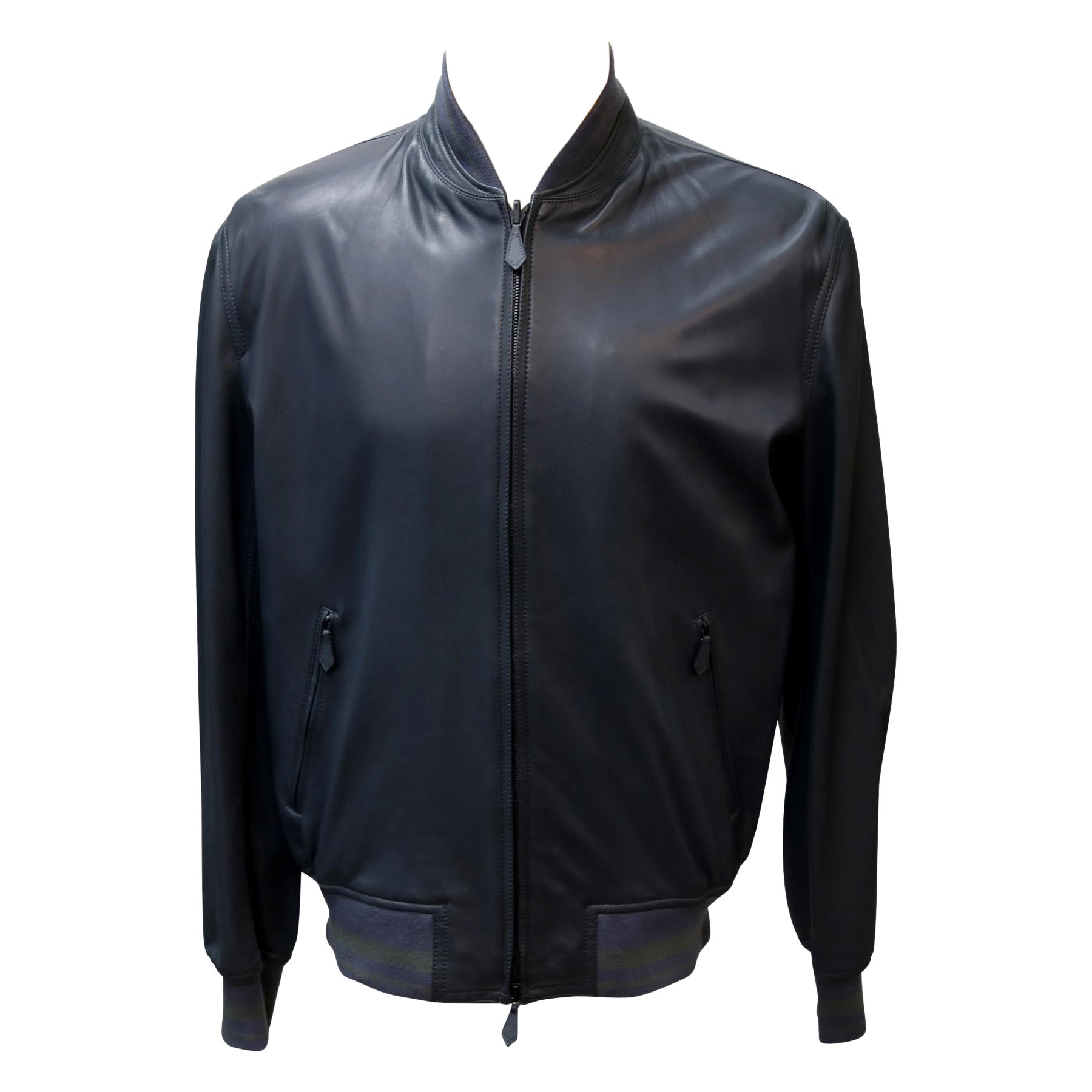 Hermes Dark Blue Signature Leather Reversible Bomber With Knit Trim 48 Jacket
