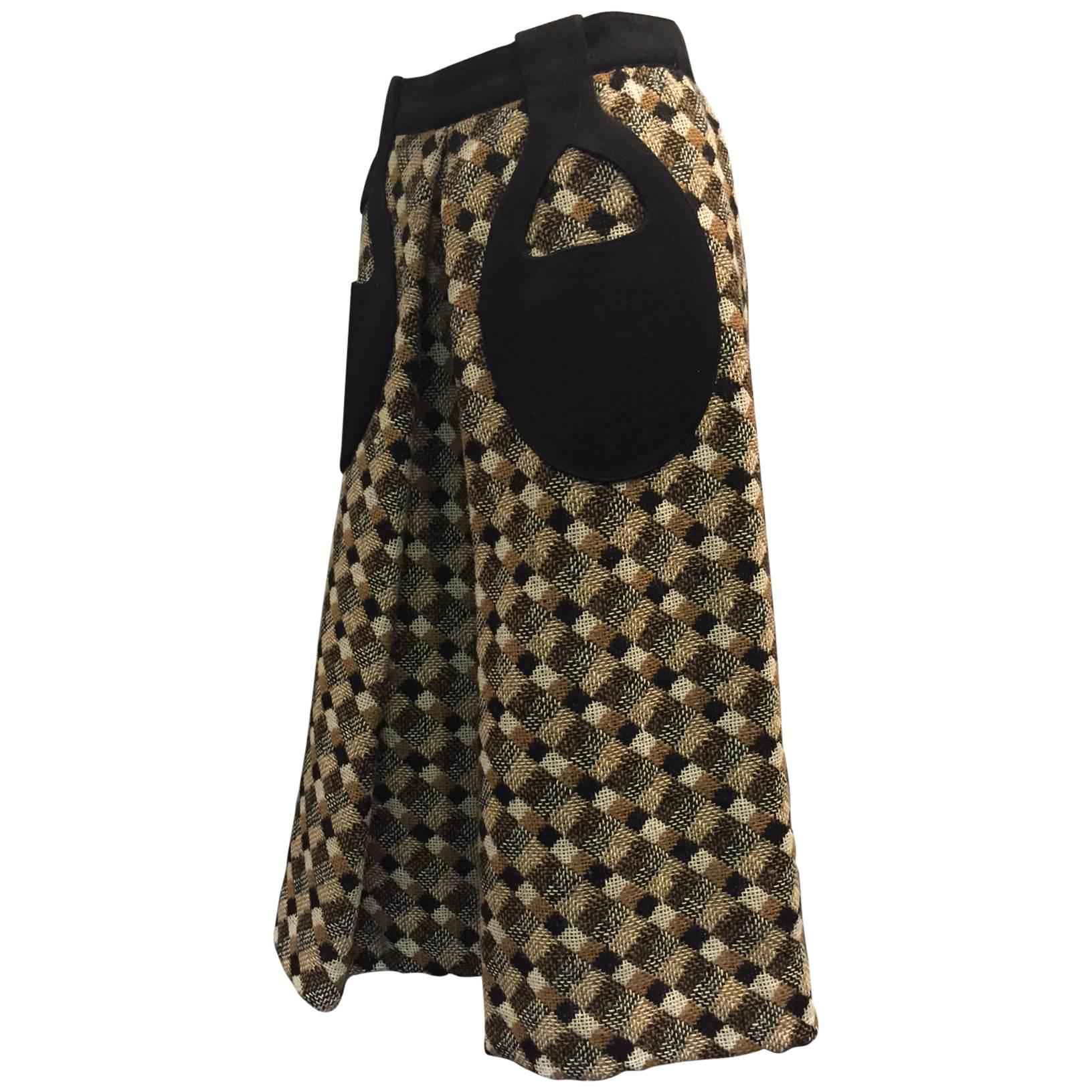1960s Pierre Cardin Black Brown and White Tweed A-Line Skirt w Teardrop Pockets