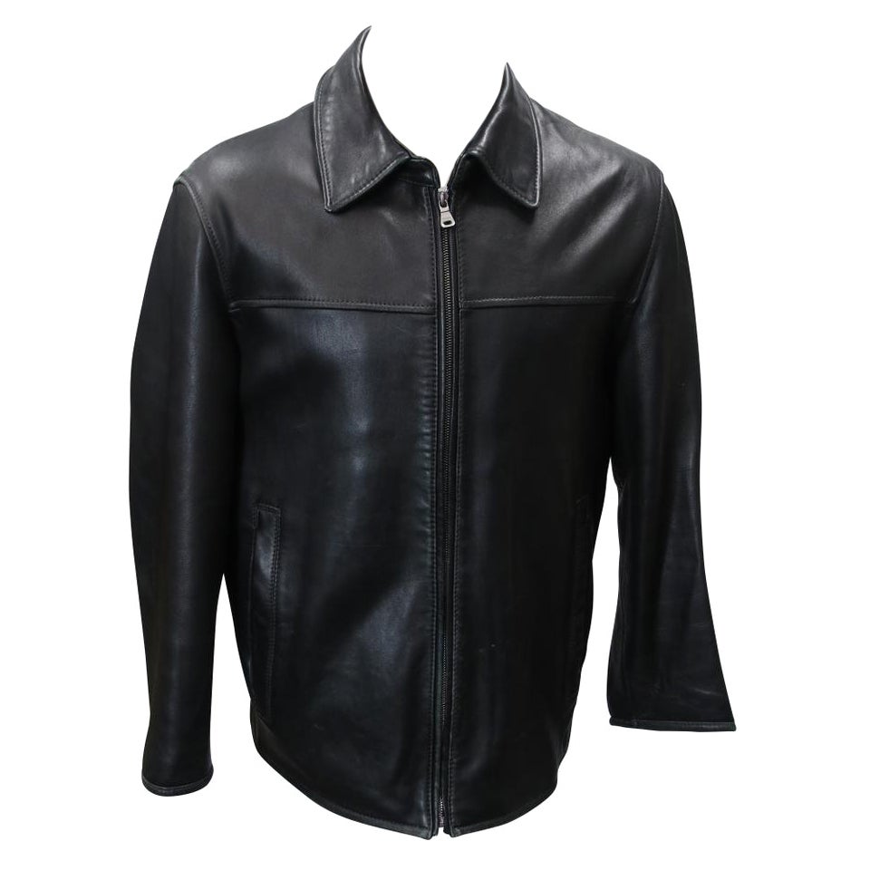 Hugo Boss Black Oversized Calfskin Concealed Zip Men's Collared Jacket For Sale