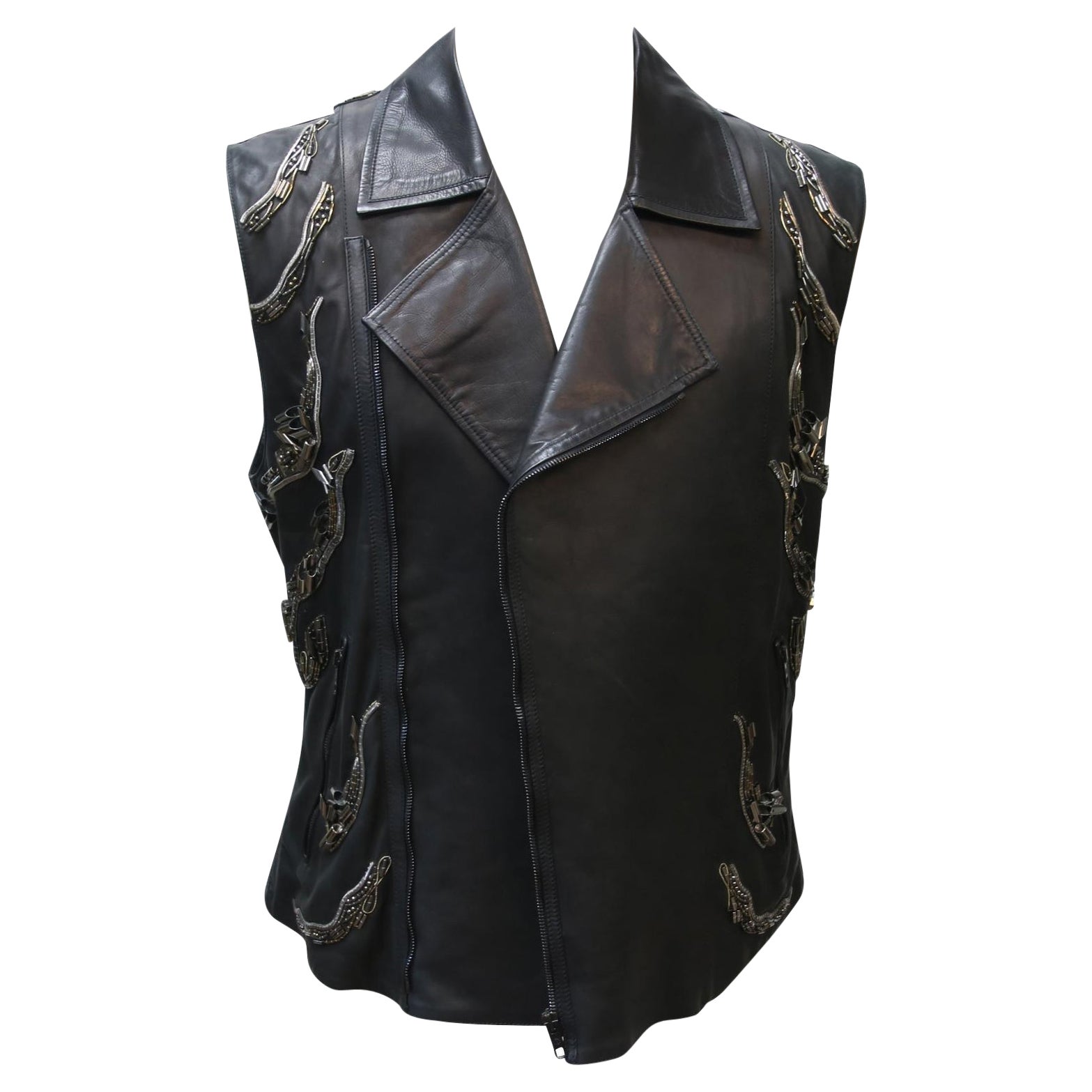Roberto Cavalli Calfskin Moto Embellished Leather Vest Jacket For Sale