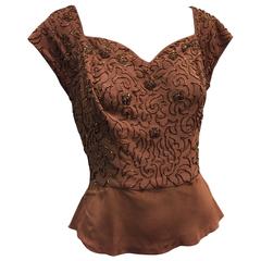 1950s Mocha Rayon Crepe Evening Top w Sweetheart Neckline and Copper Beading