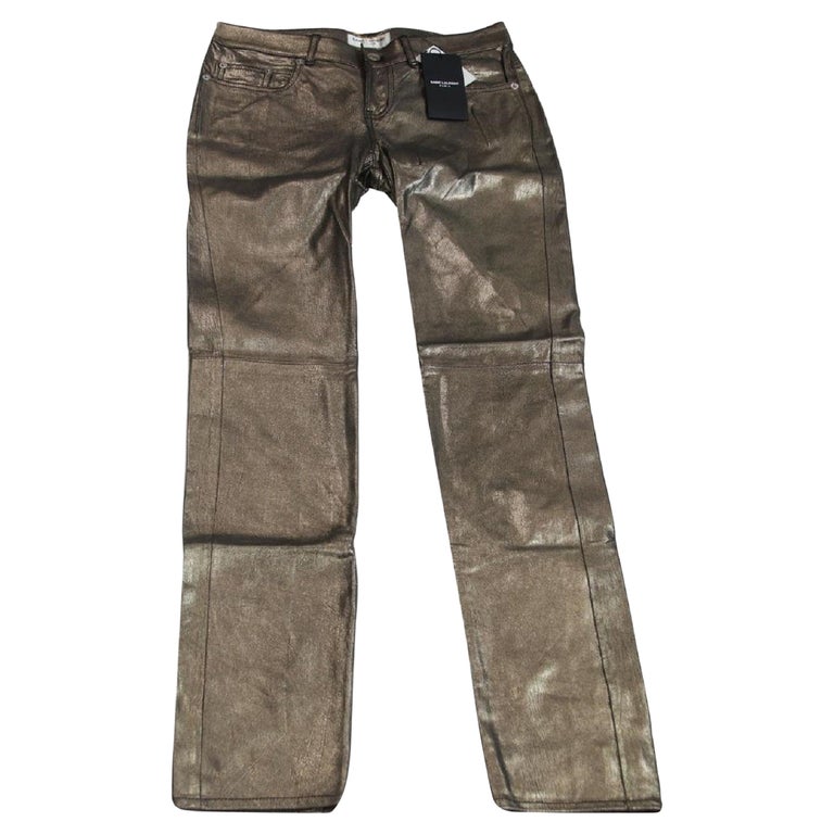 Saint Laurent Coated Metallic Lambskin Leather Mid Rise Skinny Jeans Size 4  For Sale at 1stDibs