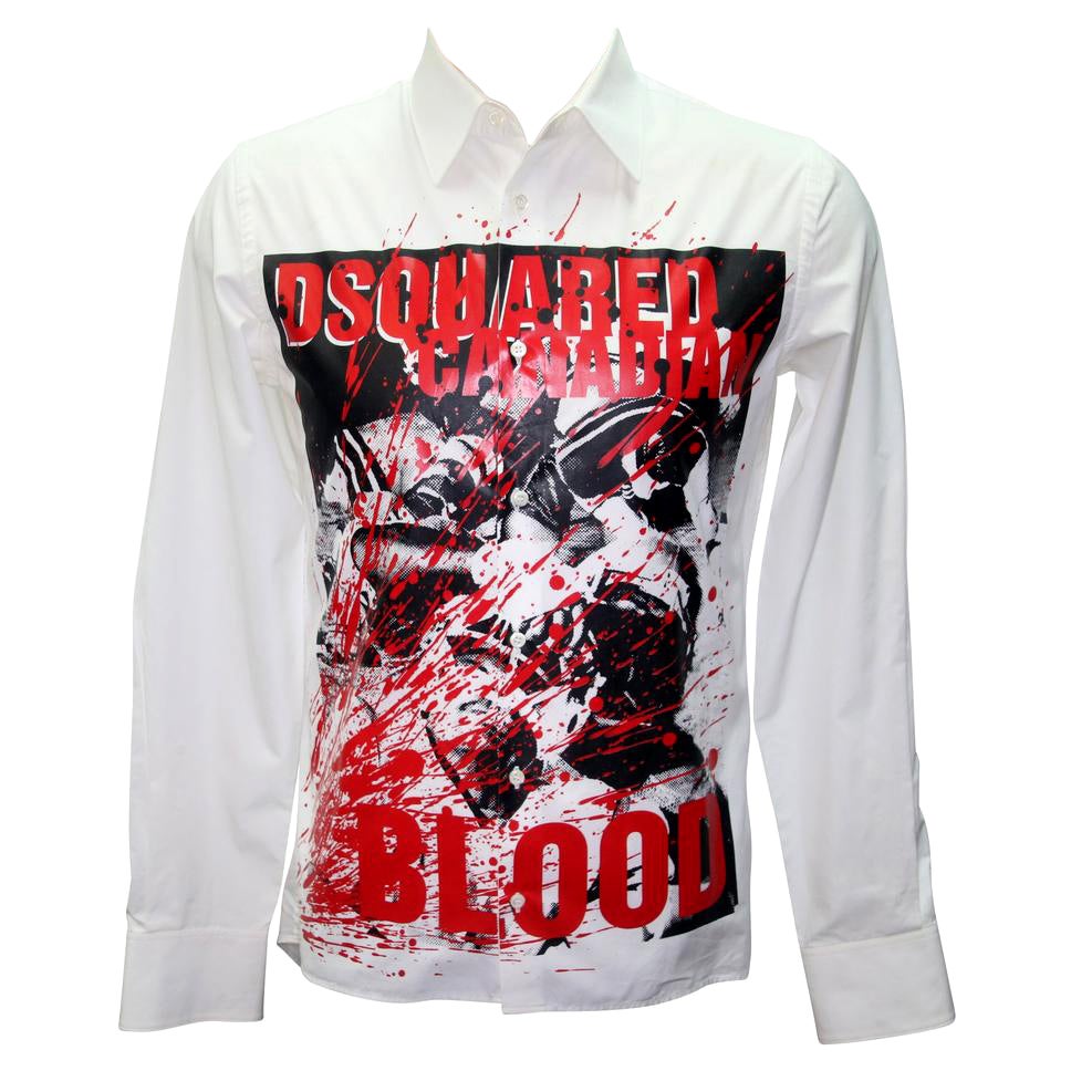 Dsquared2 Camisa abotonada blanca multicolor de corte clásico con estampado de sangre canadiense