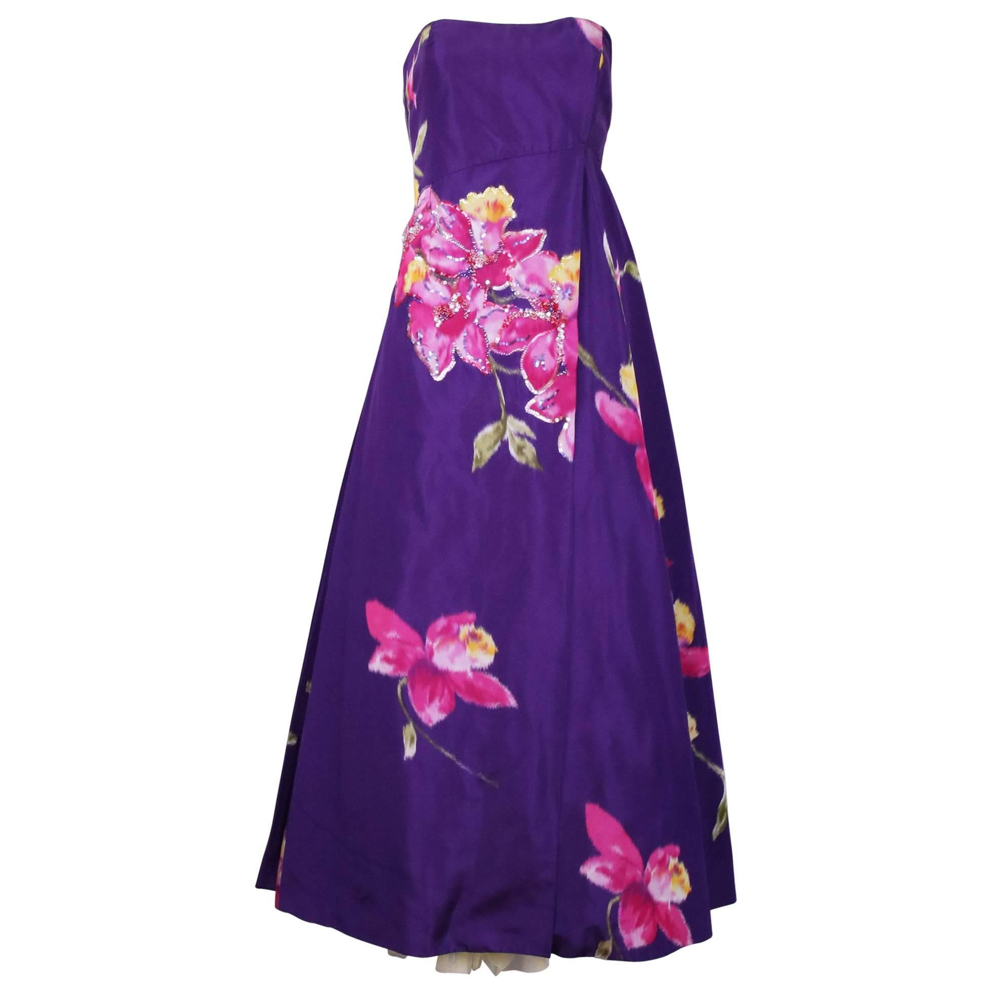 Christian Lacroix Purple Floral Silk Sequin Applique Strapless Evening Gown 
