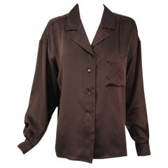 Chanel Chocolate Brown Silk Satin Logo Pocket Blouse 