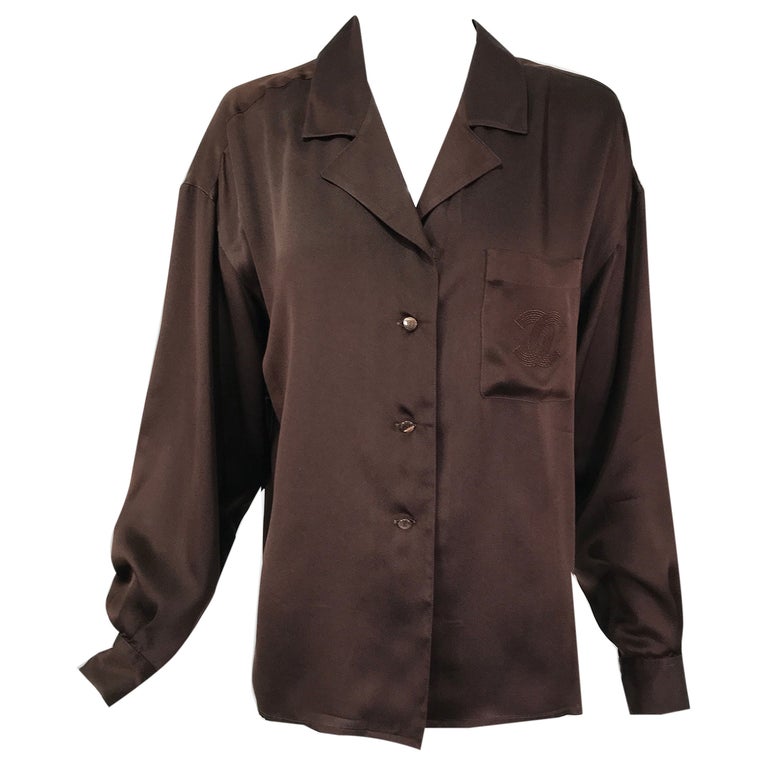 Chanel Chocolate Brown Silk Satin Logo Pocket Blouse For Sale at 1stDibs