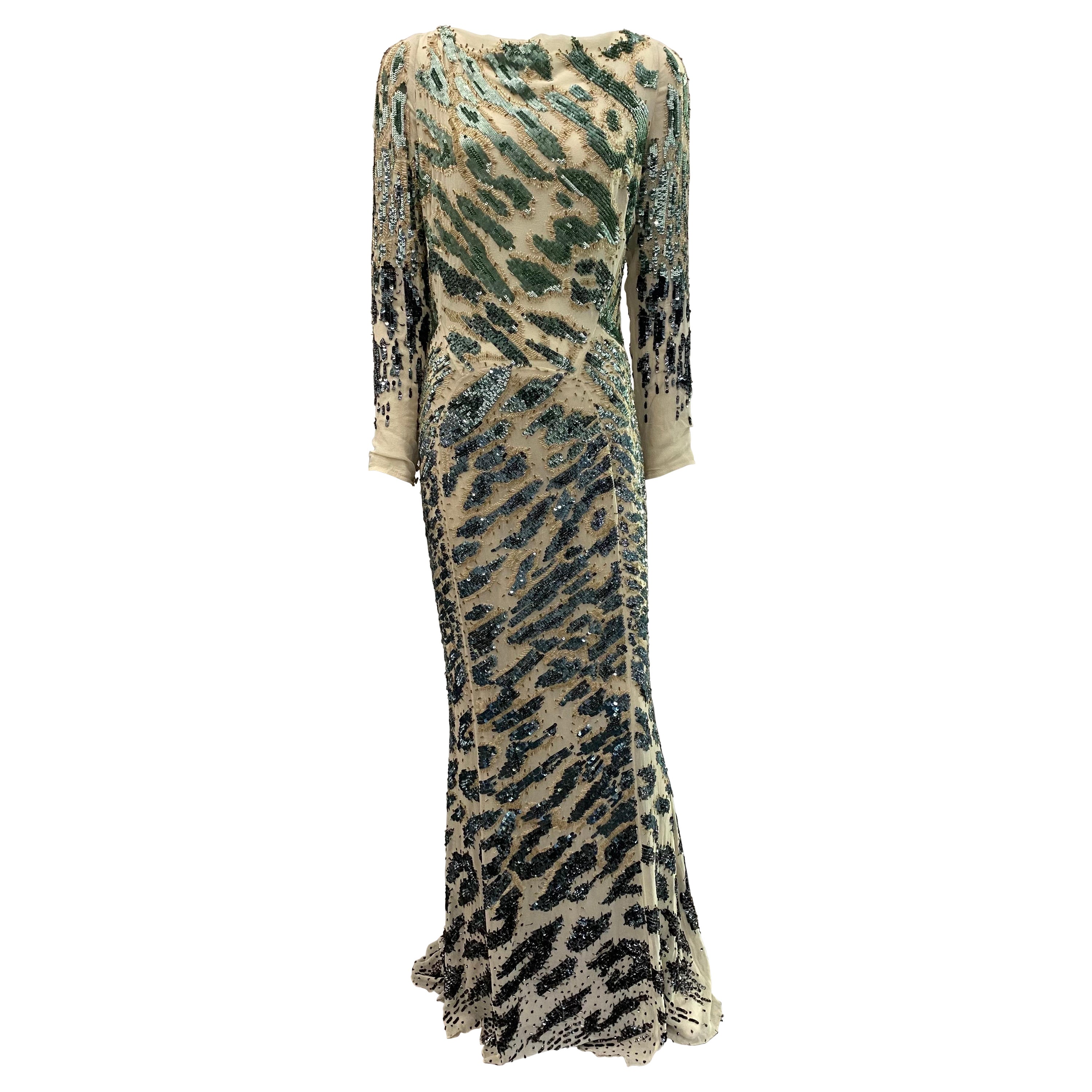 Roberto Cavalli Ivory and Green Sequin Chiffon Gown-Sz 44 For Sale