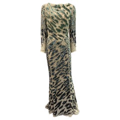 Roberto Cavalli Ivory and Green Sequin Chiffon Gown-Sz 44