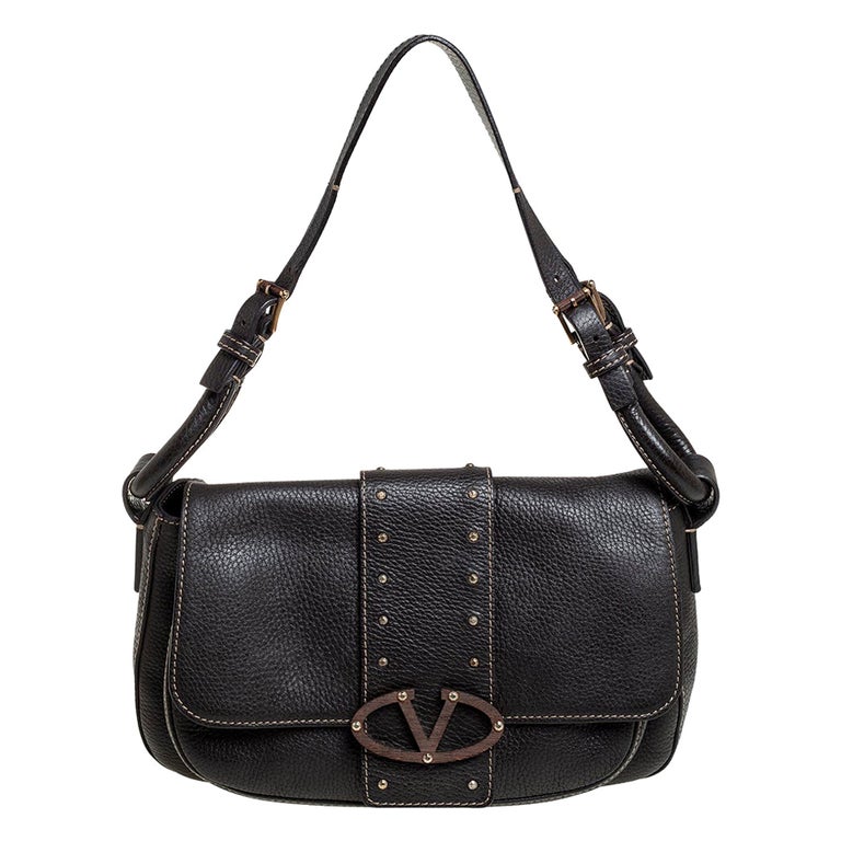 Valentino Dark Brown Pebbled Leather VRing Flap Hobo For Sale at 1stDibs