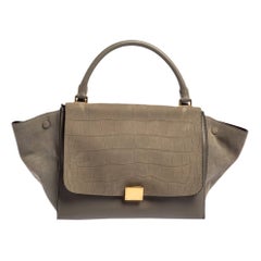 Celine Grey Croc Embossed Leather and Suede Medium Trapeze Top Handle Bag