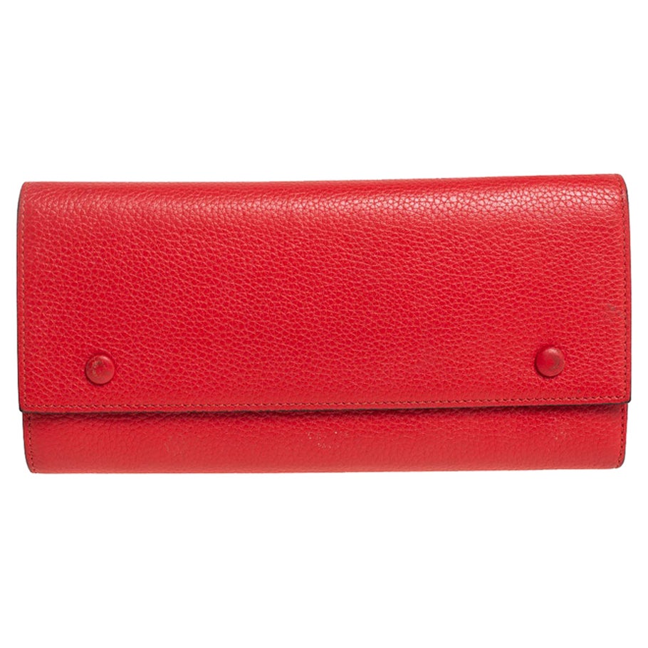 Celine Red Drummed Leather Multifunction Flap Wallet