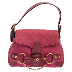 Gucci Fuchsia GG Segeltuch und Leder Horsebit Umhängetasche