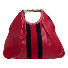 Gucci Red Leather Web Metal Bamboo Tote