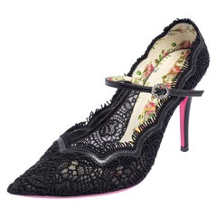 Gucci Black Lace And Leather Virginia Mary Jane Pumps Size 37.5