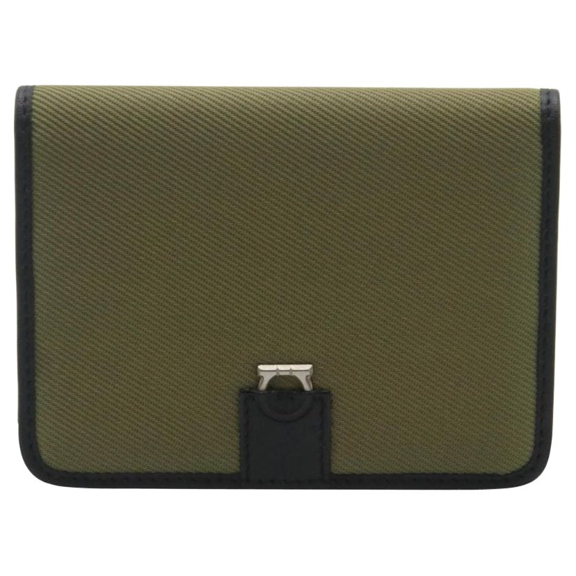 Salvatore Ferragamo Black Green Canvas and Leather Compact Flap Card Holder  Wallet For Sale at 1stDibs