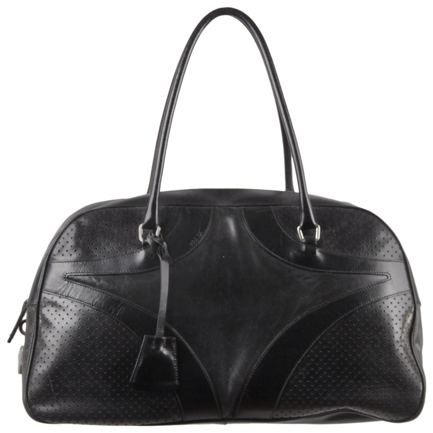 PRADA Black Leather BOWLING BAG Satchel BOWLER GM Purse HANDBAG For
