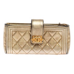 Chanel Metallic Gold Quilted Leather Boy Phone Pouch