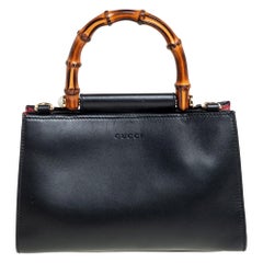 Gucci Black Smooth Leather Mini Nymphaea Bamboo Top Handle Bag