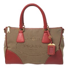 Prada Red/Brown Canvas and Leather Jacquard Logo Convertible Satchel