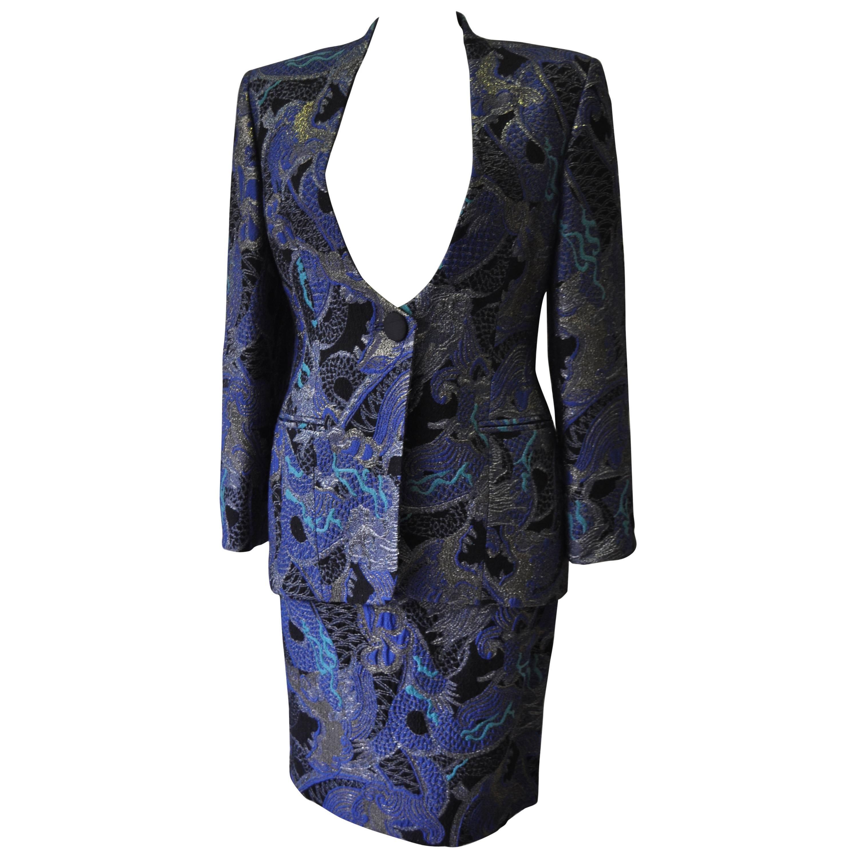 Gianfranco Ferre Plunging Neckline Blue Hue Design Skirt Suit For Sale