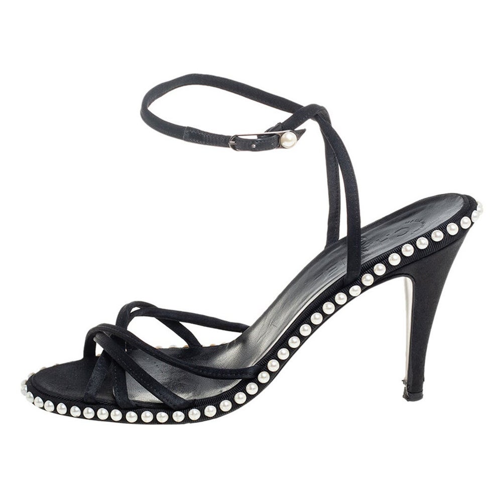 Chanel Black Satin Pearl Embellished Ankle Wrap Sandals Size 39.5 For Sale