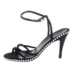 Chanel Black Satin Pearl Embellished Ankle Wrap Sandals Size 39.5