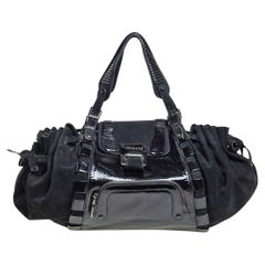 Versace Black Suede and Patent Leather Drawsting Satchel